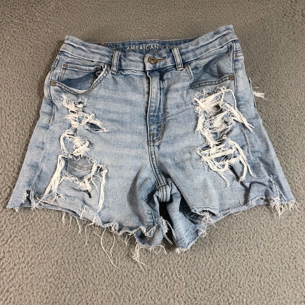 American Eagle Jean Shorts Women 6 Stretch Distressed Curvy Mom Grunge Raw Hem